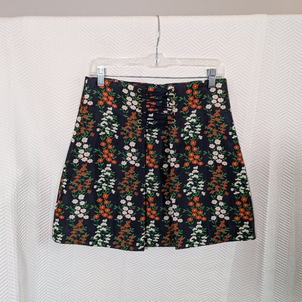 Keepsake Floral Tapestry Mini Skirt Corset Detail Navy Blue Orange Size Small